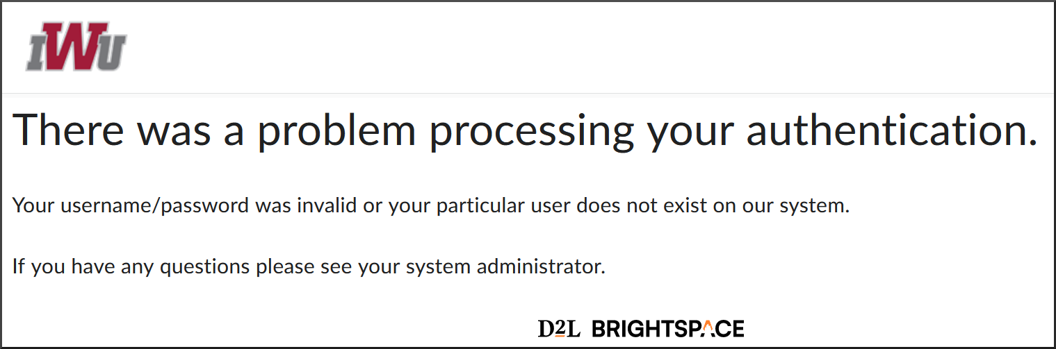 There was a problem processing your authentication. Your username/password was invalid or your particular user does not exist on our system. If you have any questions please see your system administrator.