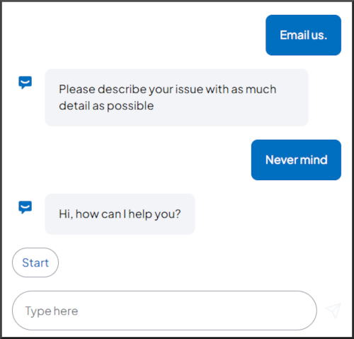 User Response: Never mind. Bot Response: Hi, how can I help you? Start