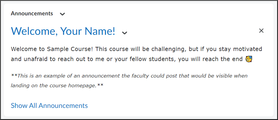Announcement: Welcome, Your Name. Welcome to Sample Course! This course will be challenging, but if you stay motivated and unafraid to reach out to me or your fellow students, you will reach the end 🥳. This is an example of an announcement the faculty could post that would be visible when landing on the course homepage