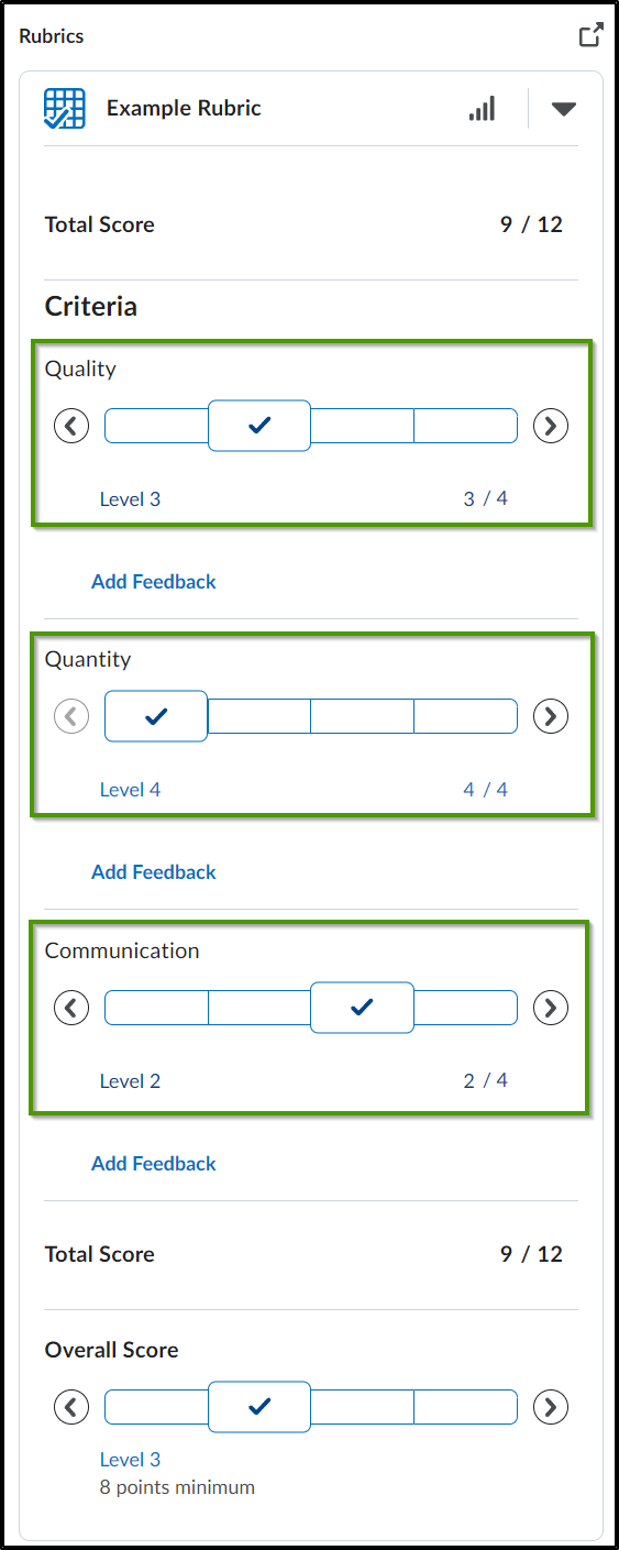 Criteria: Quality 3/4, Quantity 4/4, Communication 2/4