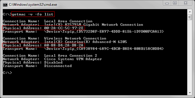 getmac command results