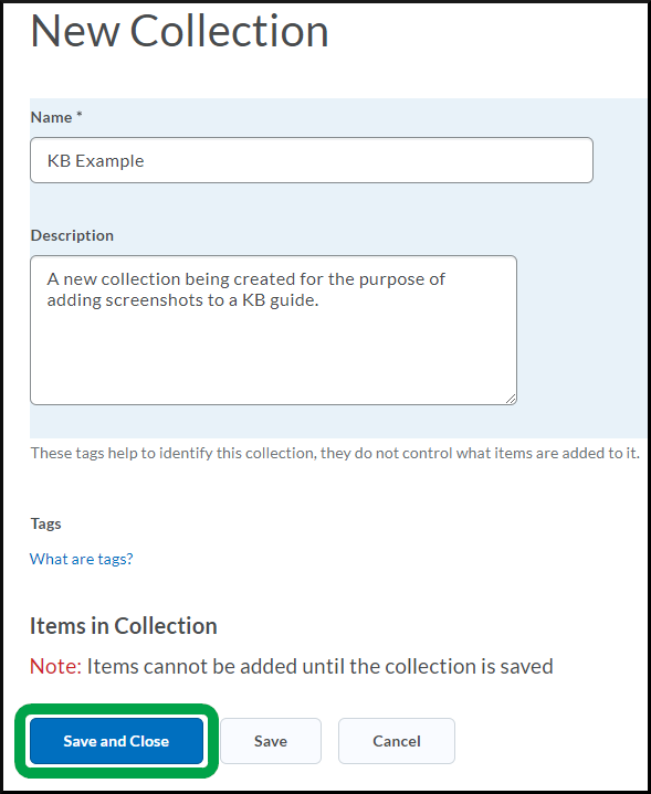 ePortfolio, Collection save and close button - All.png