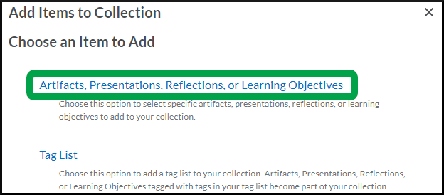 ePortfolio, Collection choose item type link - All.png